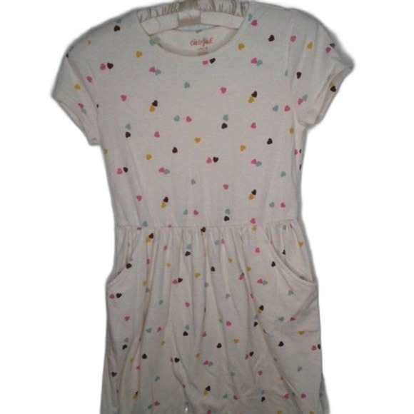 Cat & Jack Girls Fit & Flare Short Sleeve Dress Ivory Hearts Pockets Size 10/12 - Picture 2 of 7